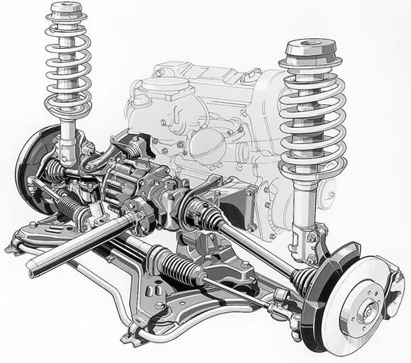 Train avant de la Golf Syncro : freinage renforcé, nouvelle boîte avec carter supplémentaire renfermant le renvoi d'angle pour l'essieu arrière